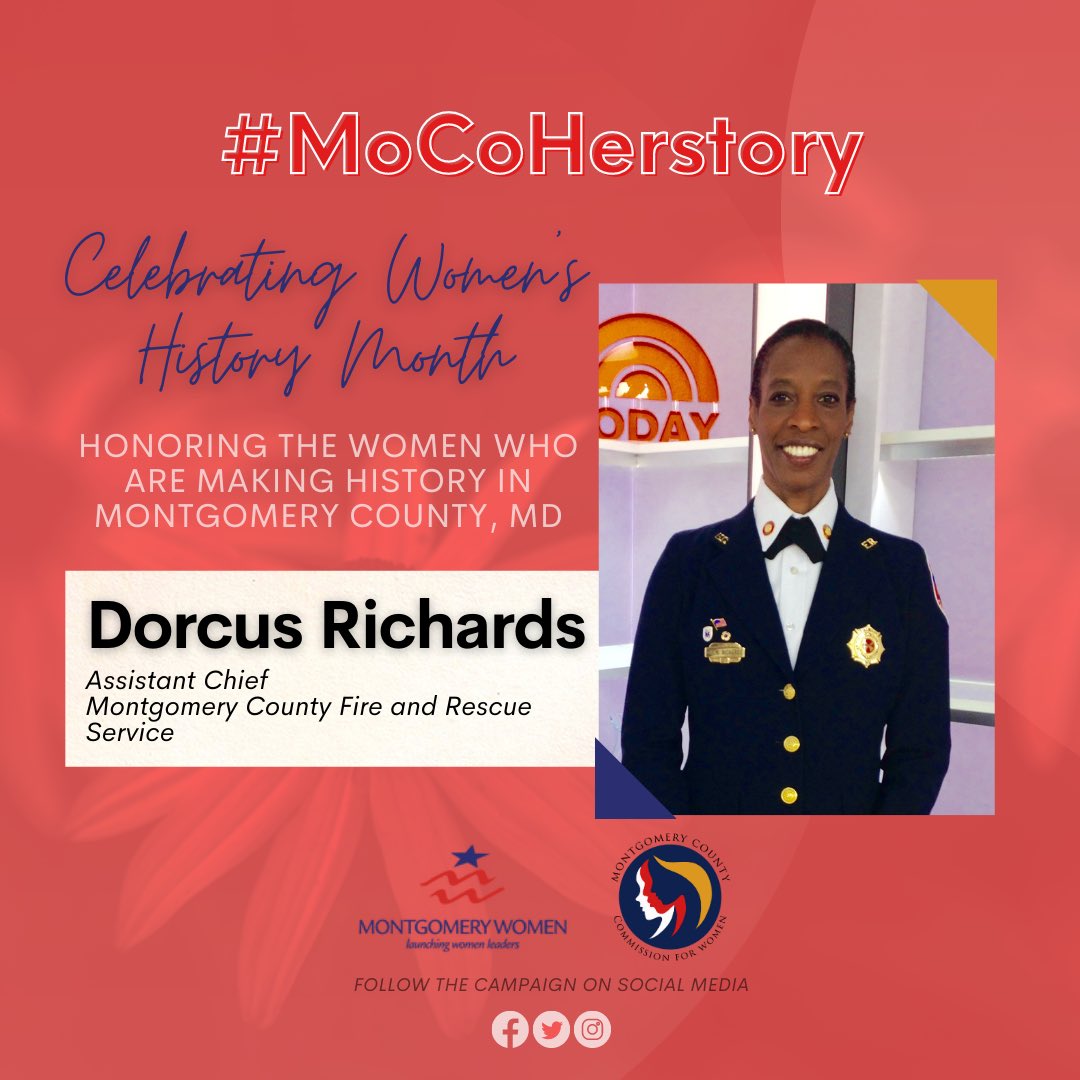 MoCoWomen's tweet photo. 🎉 Throughout March, the #MontgomeryCounty Commission for Women and @MontWomen honor the women who are making history in our community. 

Today we celebrate the Dorcus “Dee” Richards, Assistant Chief of Montgomery County Fire &amp; Rescue Service.👏 #MoCoHerstory #whm @mcfrs https://t.co/cD7dpU6tmI