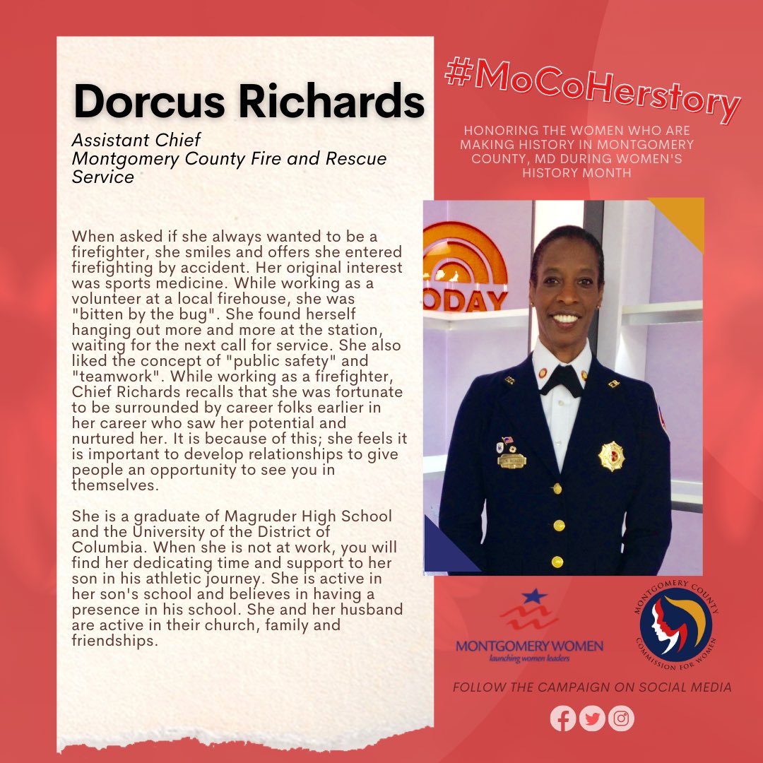 MoCoWomen's tweet photo. 🎉 Throughout March, the #MontgomeryCounty Commission for Women and @MontWomen honor the women who are making history in our community. 

Today we celebrate the Dorcus “Dee” Richards, Assistant Chief of Montgomery County Fire &amp; Rescue Service.👏 #MoCoHerstory #whm @mcfrs https://t.co/cD7dpU6tmI
