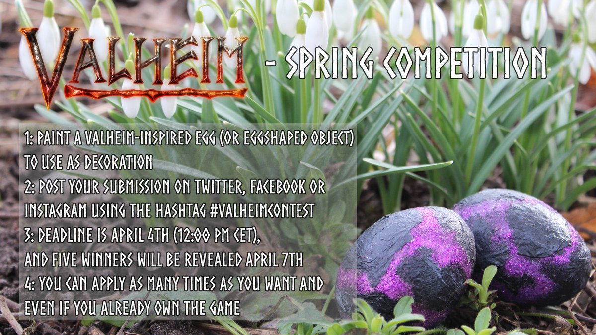 Spring is here and the goddess Freyja is hard at work, bringing back life where winter has left its mark🌷. Help us celebrate by painting eggs, and have the chance to win a steam-key for Valheim! 🐣🗝️#Valheim #ValheimCompetition