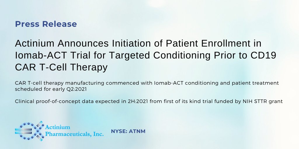 Actinium Announces Initiation of Patient Enrollment in Iomab-ACT Trial for Targeted Conditioning Prior to CD19 CAR T-Cell Therapy

Read the full news release here: ir.actiniumpharma.com/press-releases… $ATNM #GeneTherapies #Biotech #Healthcare #BMT