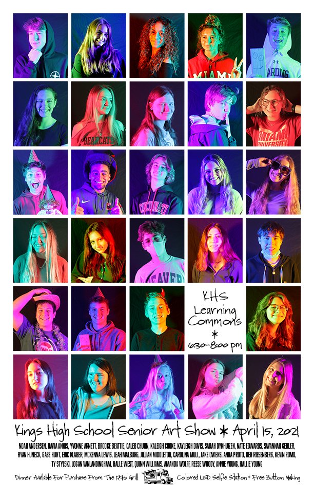 Everyone is invited to the KHS Senior Art Show- April 15th 6:30-8:00pm in the KHS Learning Commons. Dinner available for purchase from The 1776 Grill Food Truck. Look at awesome Art, make free buttons &amp; take selfies that look just like the photos our seniors took for this poster!
