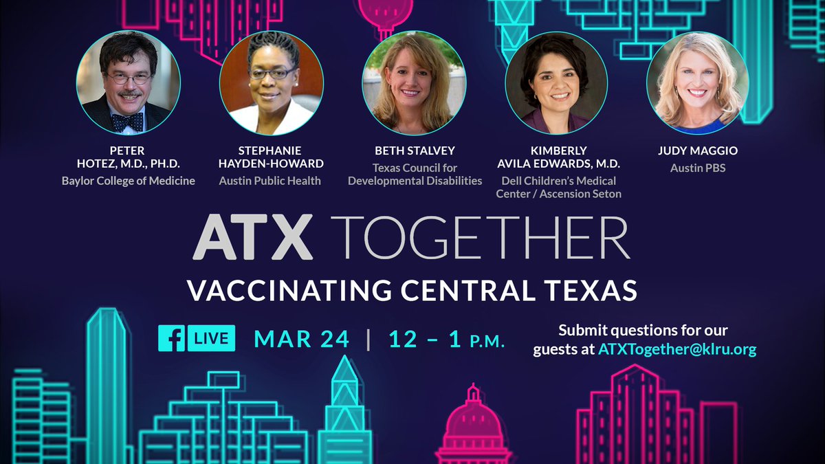 TxPartnersNet's tweet photo. Today, don’t miss TCDD Executive Director Dr. Beth Stalvey on @austinpbs as she joins host @JudyMaggioTV &amp; fellow panelists @PeterHotez, Stephanie Hayden-Howard of @AusPublicHealth &amp; Kimberly Avila Edwards, M.D., of @dellchildrens on ATX Together: Vaccinating Central Texas. https://t.co/tjmF6A0GrY