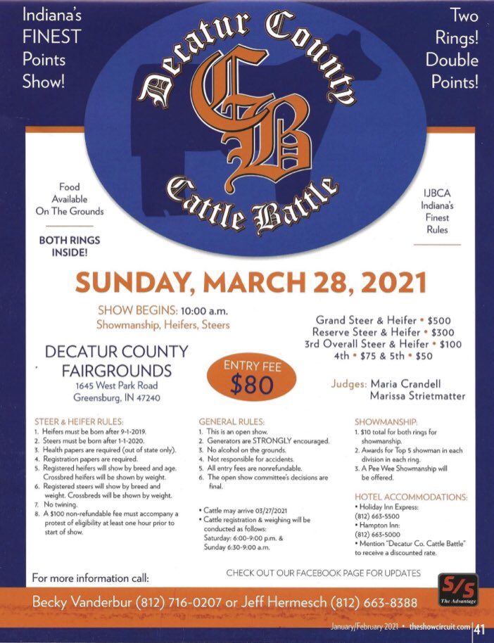 IJBCA's tweet photo. UPCOMING SHOW REMINDER
•••
This Sunday, March 28th, the Decatur County Cattle Battle will be held at the Decatur County Fairgrounds in Greensburg, Indiana.
•••
We hope to see you there! https://t.co/JnGhOmyBn7