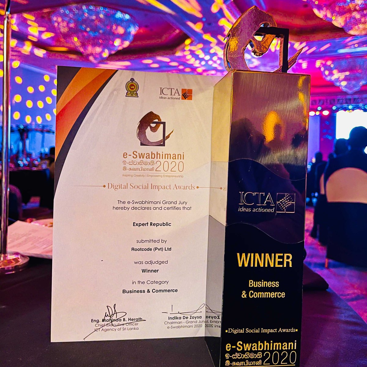 rootcode_io's tweet photo. We are delighted to be recognized as the winners of the “business &amp; commerce” category for our product, Expert Republic at the e-Swabimani Awards by the ICT Agency of Sri Lanka🎉 https://t.co/kjISAILbEZ