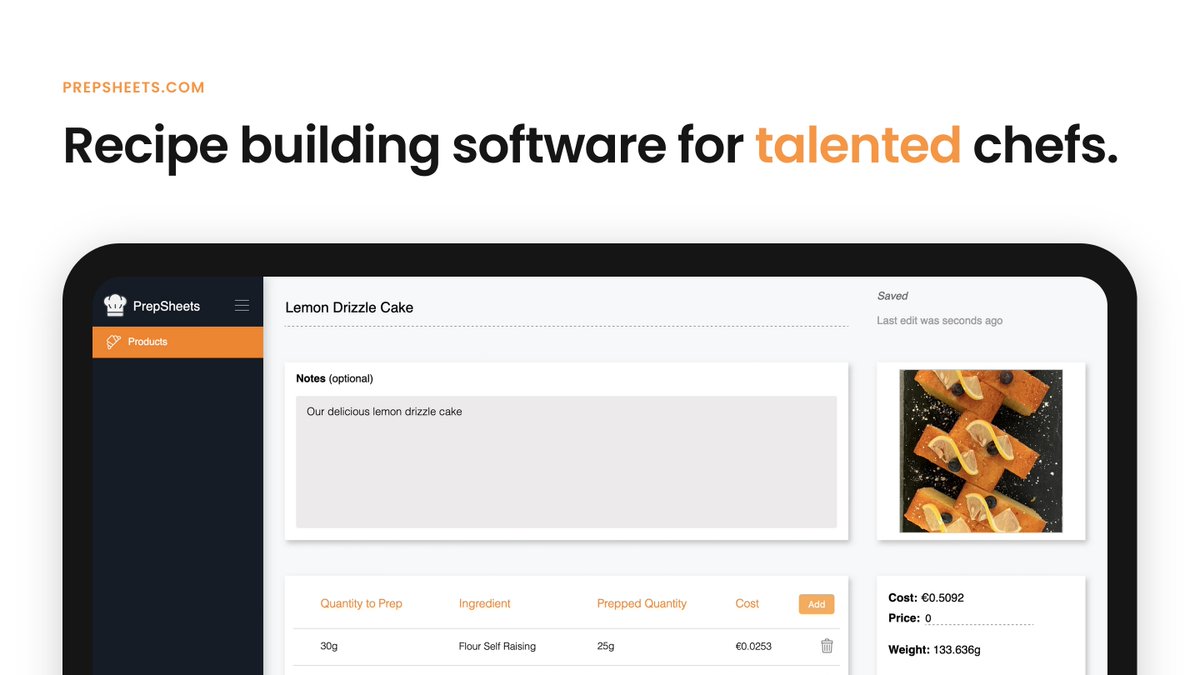 prepsheets's tweet photo. We're open for beta-testers! With https://t.co/MeZBJP3zUr you build recipes, backed by your ingredients, that have always correct cost, calories, and allergens. Beta-Users will get free access &amp; support to our tool and create more value for their customers &amp; bottom line https://t.co/ESFZDCxsQv