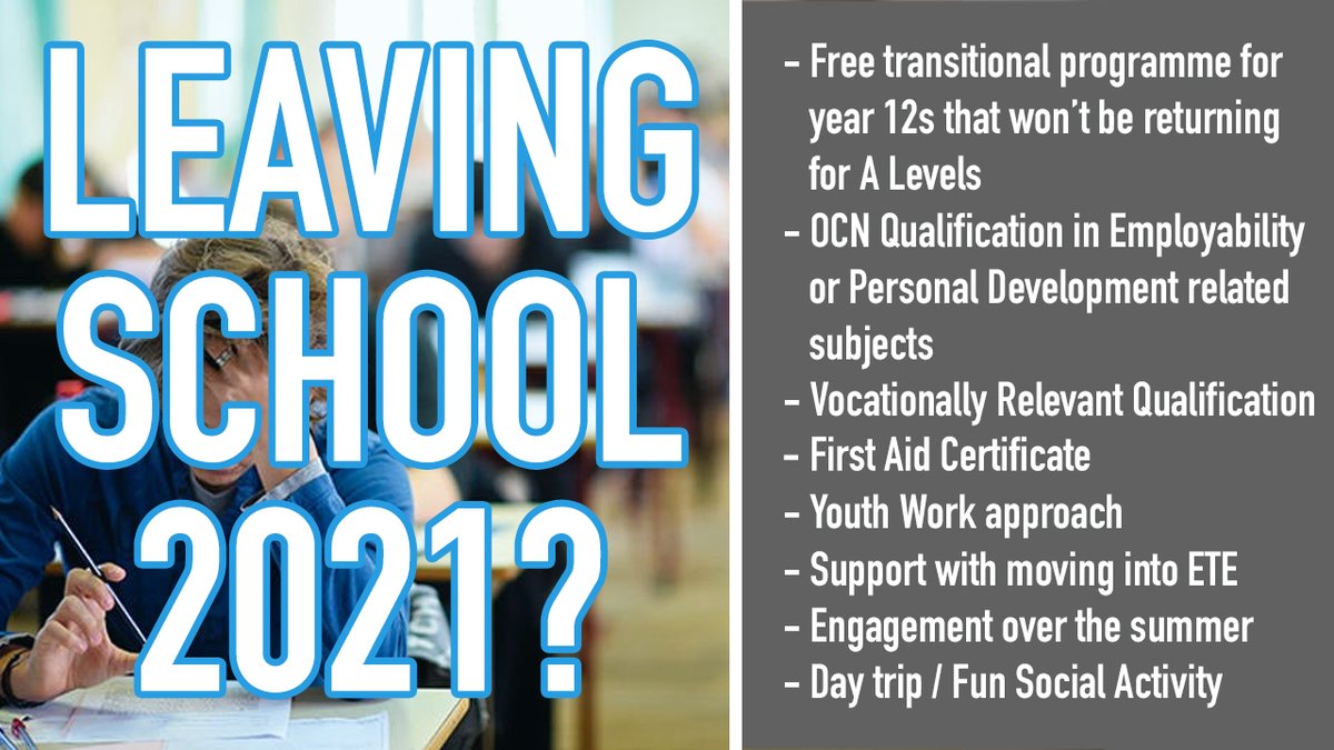 “Calling all schools” – A youth work programme to support year 12’s to move into employment, training and education. If you want to find out more contact John@includeyouth.org or claire@includeyouth.org