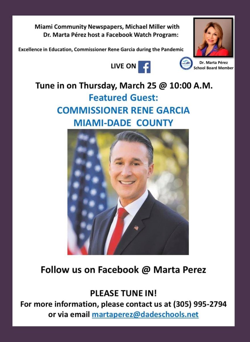MartaPerezMiami's tweet photo. “Tomorrow Thursday , March 25, Commissioner Rene Garcia.
@ElBanyan @btelementary @CoralParkElemS @CoralTerraceES @cj_finlayelem @Dr_M_Barreiro @EmersonElOwls @FairlawnElem @FlagamiSchool @GreengladeElem @JHElementary @OlympiaHeights @rockway_elem @RoyalGreenLions @RoyalPalmElem https://t.co/DgkLMtiazF