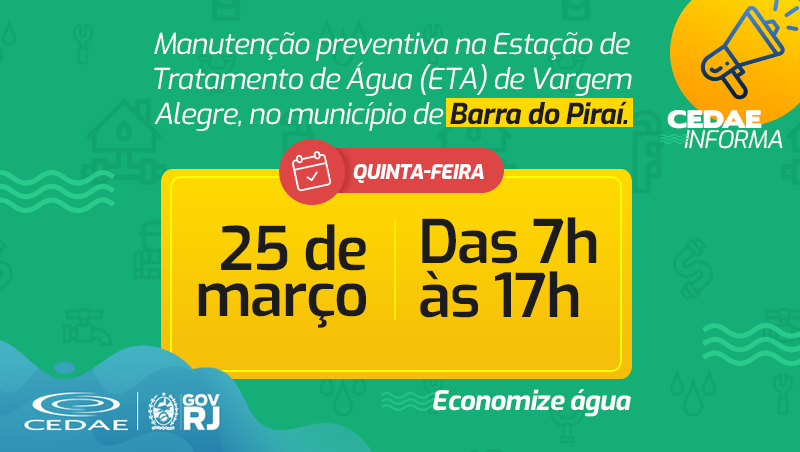CedaeRJ's tweet photo. #CedaeInforma⚠️Durante a execução do serviço, o abastecimento do distrito de Vargem Alegre, #BarradoPiraí , será interrompido. O fornecimento de água será retomado logo após a conclusão do procedimento e a previsão é de que o abastecimento esteja normalizado em até 72 horas. https://t.co/5QaH1VytVQ