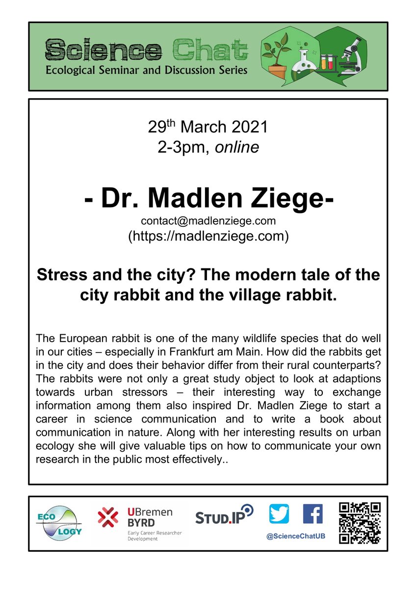 ScienceChatUB's tweet photo. The upcoming ScienceChat will host Dr. Madlen Ziege, who is a science communicator. She studied rabbits in the urban habitat in her PhD. We will learn about cute animals and effective communication! @UniBremen

29.3., 2-3PM
https://t.co/JR2dTHNbBB
ID: 919 5234 9416
PW: 046622 https://t.co/y5tiu6qczU