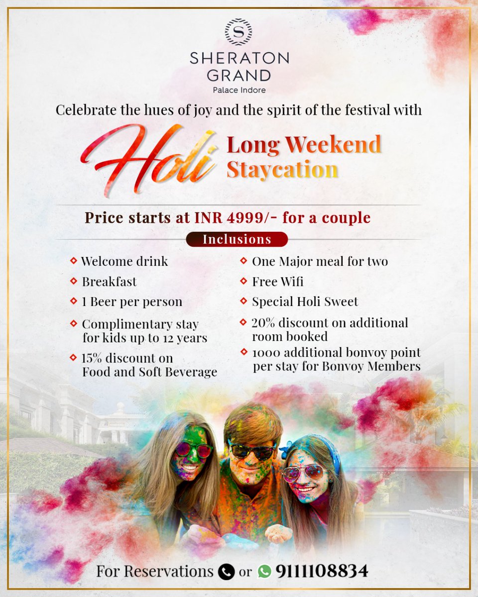 SheratonIndore's tweet photo. Treat yourself to some 'Holi' day fun with our Holi staycation package as the festivity of Holi brings you the most exciting Staycation of the year.

For reservations, call: 9111108834

#holi #holispecial #Staycation #Sheratonhotelindore https://t.co/VBiiuGZMzH