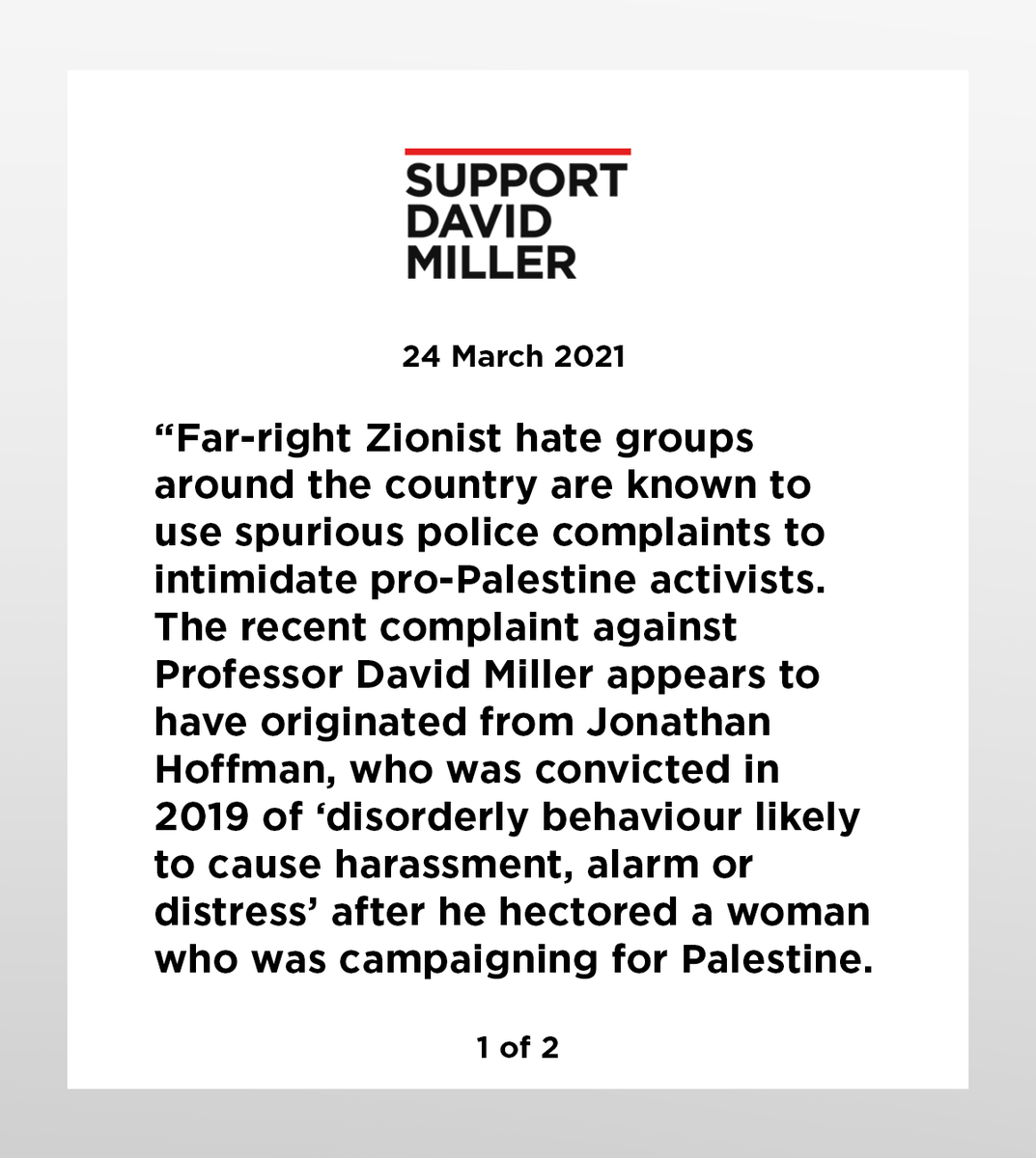 Support_Miller's tweet photo. A vexatious police complaint against Professor David Miller appears to have been made by Jonathan Hoffman, a Zionist activist who was convicted in 2019 after he hectored and bullied a woman who was campaigning for Palestine.

Read more on Hoffman here: https://t.co/53J0lZApN0 https://t.co/T4hf1Cg4JT