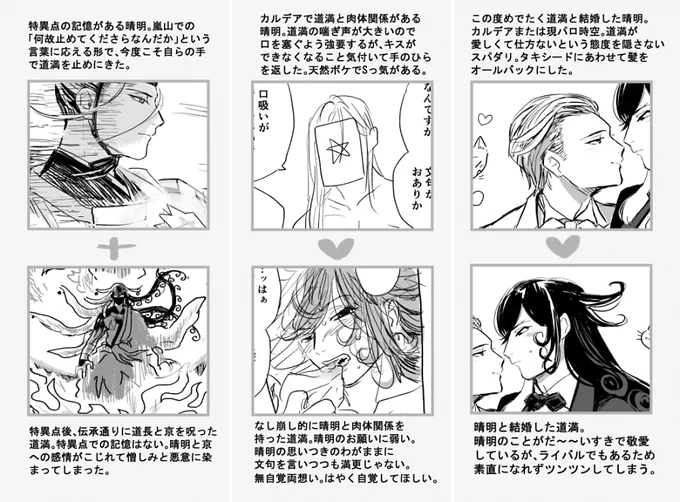 自分のイマジナリー晴に関しては「容姿が永遠に定まらない幻覚であってほしい」と思っていて、毎回姿を変えて描いているんですが、一覧にしてみたら楽しかった(私が)ふたりの間にハートマークがあるのが晴道です。 