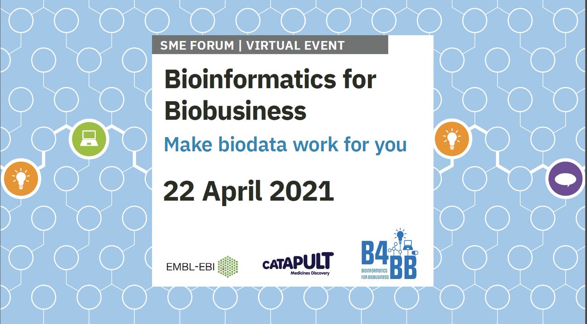 emblebi's tweet photo. We are very excited to team up with @MedDiscCat to bring you B4BB, a virtual SME forum to showcase how #bioinformatics could help drive your business forward.
 
Free to attend, register by 19 April 🗓️ https://t.co/Ey3Tzxr0Yy
#SME #lifesciences #drugdiscovery #opendata #genomics https://t.co/0sej1HElNF