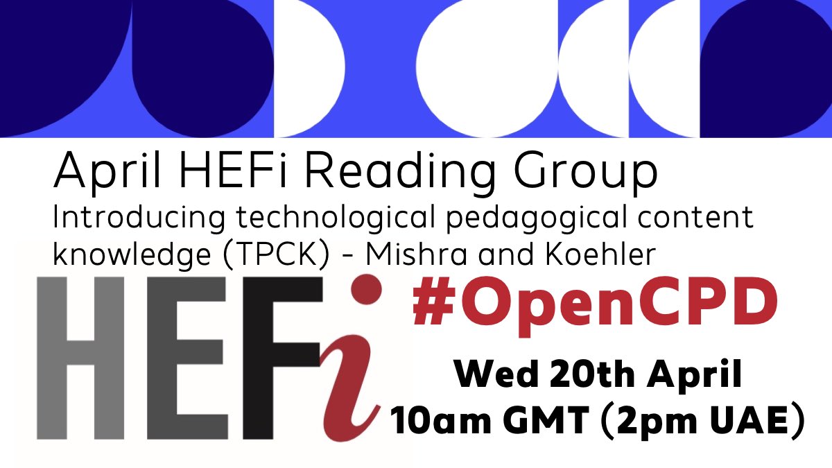 PedagogyUG's tweet photo. On April 20, 10am GMT our Reading Group paper is “Introducing technological pedagogical content knowledge” by Mishra & Koehler - https://t.co/oZtlx5Asg0. Please register to attend via Zoom: https://t.co/fRLWqv0dRO https://t.co/g5tykmF6RQ