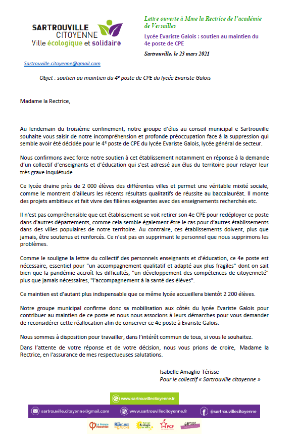 Sartroucitoyen's tweet photo. Maintien du 4e poste CPE - Evariste Galois  Sartrouville
Nous venons d'écrire à Mme la Rectrice pour soutenir formellement la demande du collectif @grevaristes.
Nous espérons que ts les élus de la ville les soutiendront et ddons à aborder ce sujet au conseil municipal du 15 avril https://t.co/eE25rHBdqJ