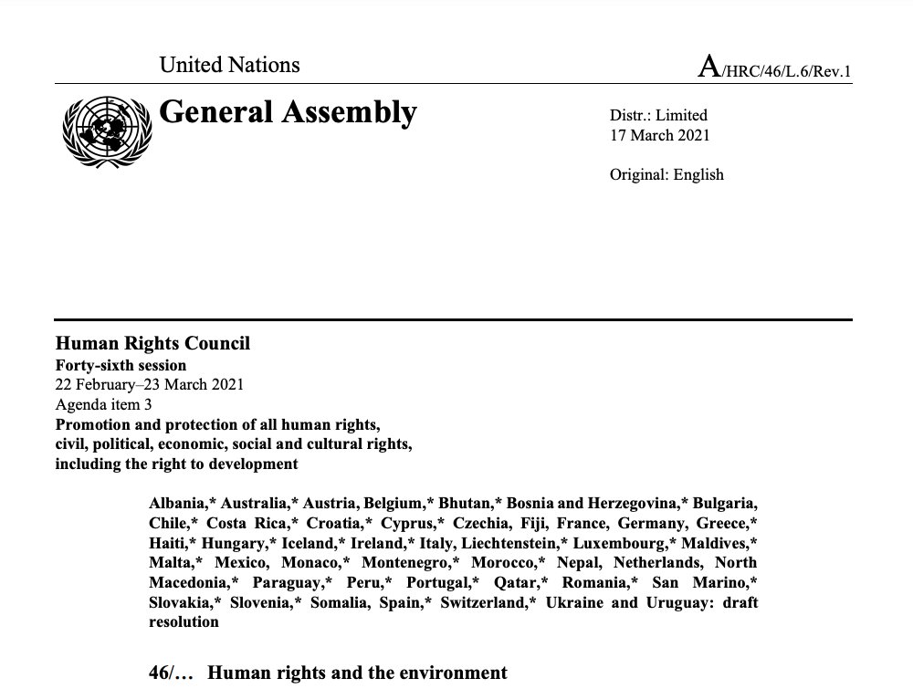 SLOtoUNGeneva's tweet photo. Slovenia welcomes the adoption of a resolution calling for renewal of the mandate of the UN Special Rapporteur on human rights and environment @SREnvironment at the #46HRC by consensus.
We are honoured to be a part of the core group facilitating the resolution. https://t.co/bXoCkQTZQX