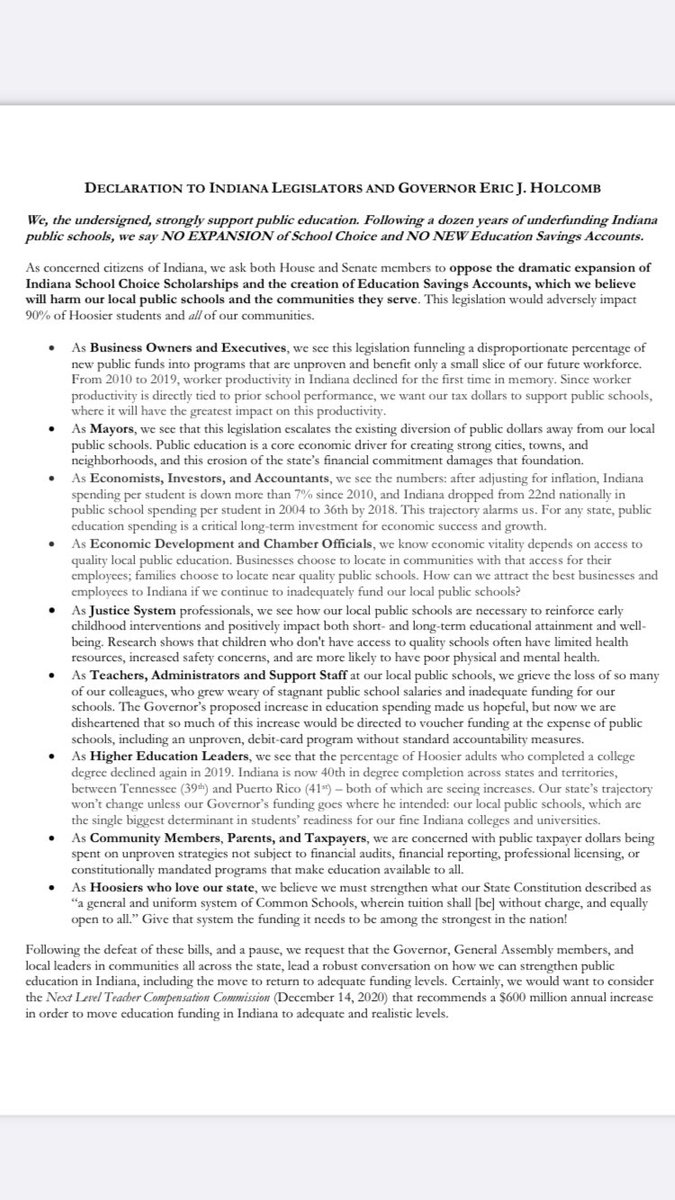 Business, academic, law enforcement &amp; political leaders from 4 counties: Elkhart, St.Joseph, Marshall &amp; Kosciusko Counties call on legislators &amp; Governor to fund public  schools &amp; stop K-12 privatization efforts.

Is your local community acting? Ask your Supt &amp; sch bd today.