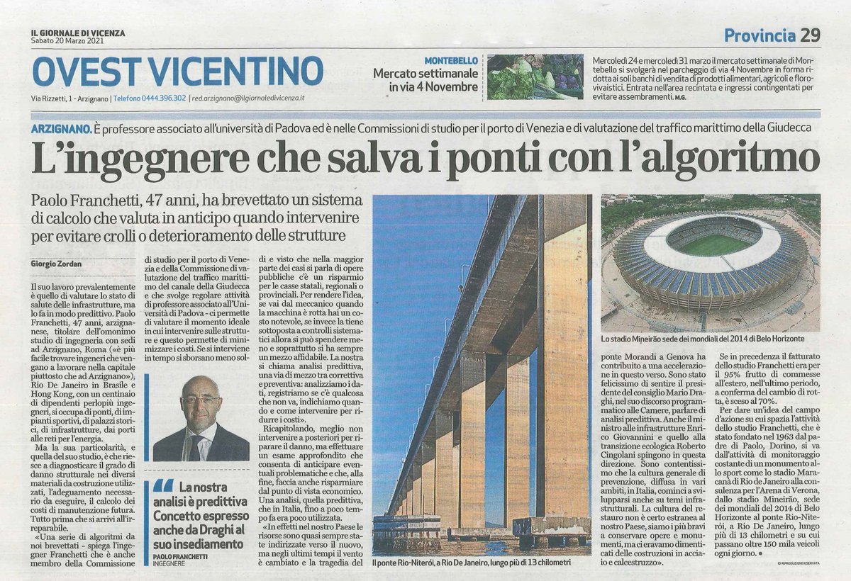 Assoarchitetti's tweet photo. 📌L'ingegnere di ALA che salva i ponti con l'algoritmo in tutto il mondo.

#ALA porge le più vive congratulazioni all'Ing. @paolofranchetti, che ha brevettato un #sistema di calcolo che valuta in anticipo quando intervenire per evitare crolli o deterioramento delle strutture. https://t.co/EFYno0NhqH