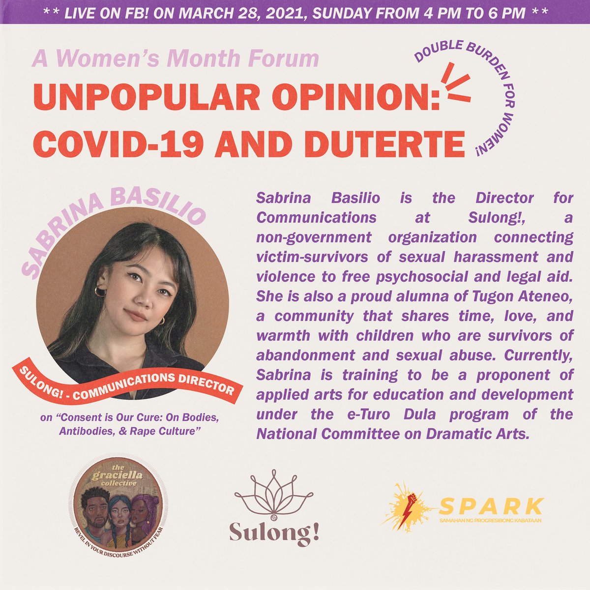 My <a href="/20SomethingsPH/">Twenty Somethings Podcast</a> co-host, Bina Basilio (<a href="/binibeanie/">🐣</a>), was invited to talk about the role of the youth in responding to long-standing issues of teenage pregnancy, domestic violence, and sexual harassment. 

The talk is on March 28, 4 PM.

Register at: bit.ly/UnpopularOpini…!!!