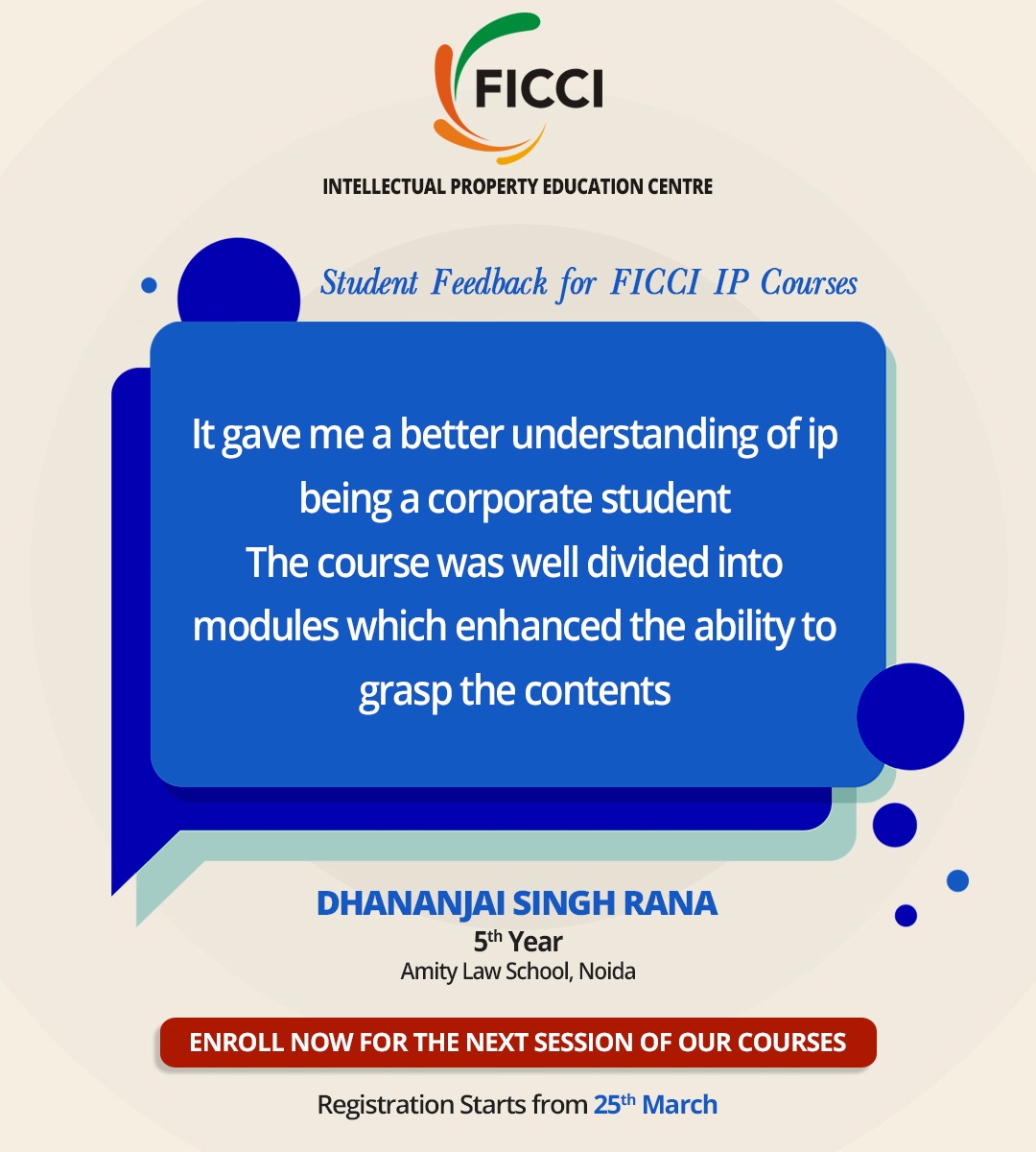 FicciIp's tweet image. Course Experience Continue #No18

FICCI IP Education Center has been instrumental in taking the mission and vision of IP Awareness forward. 

Such positive feedbacks are motivating us to deliver better performance.

Enquire Now: ficciipcourse.in

#ficciipcourse #letstalkip