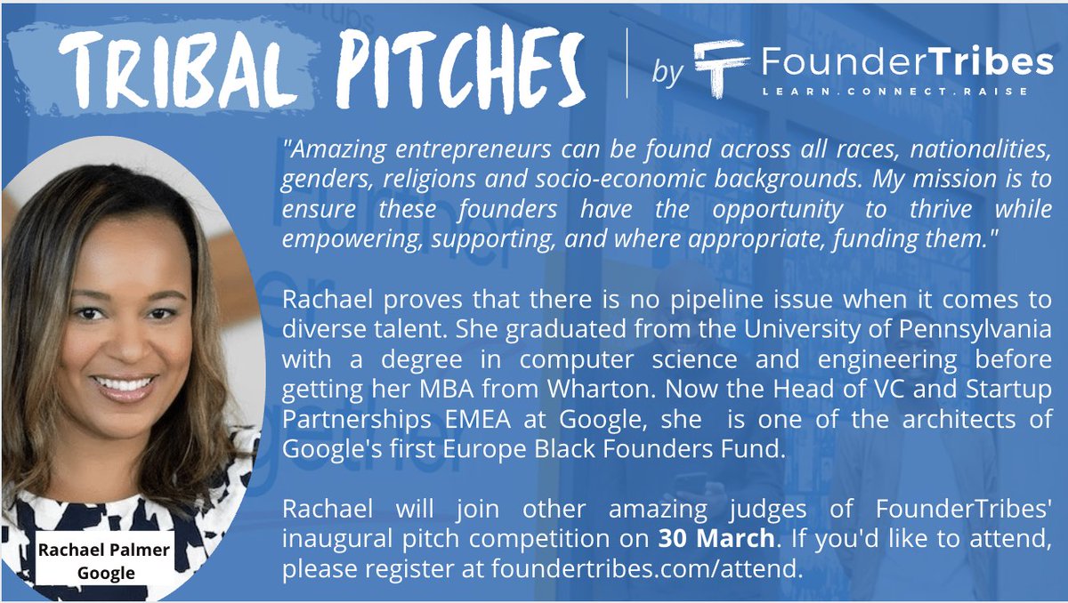 Super-excited to have <a href="/Google/">Google</a>'s Rachael Palmer judge  <a href="/FounderTribes/">FounderTribes</a>' Tribal Pitches. A comp sci grad from UPenn with an MBA from <a href="/Wharton/">The Wharton School</a> she's an architect of Google's Black Founders Fund (EU) along with <a href="/mmeentrepreneur/">Marta Krupińska</a>. To see her in action, sign up @ foundertribes.com/attend.