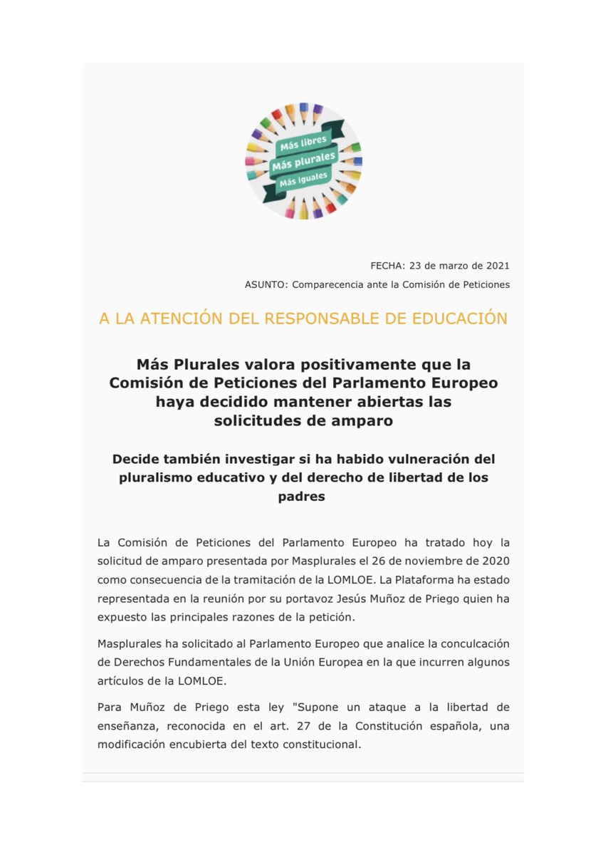 FEUSOCV's tweet photo. 📢 El Parlamento Europeo admite la solicitud de amparo presentada por @MasPlurales como consecuencia de la tramitación de la #LOMLOE.
#FEUSO sigue apostando por un Pacto Social por la Educación.
#Maslibres #MásPlurales💛 https://t.co/OpcjbGLajH