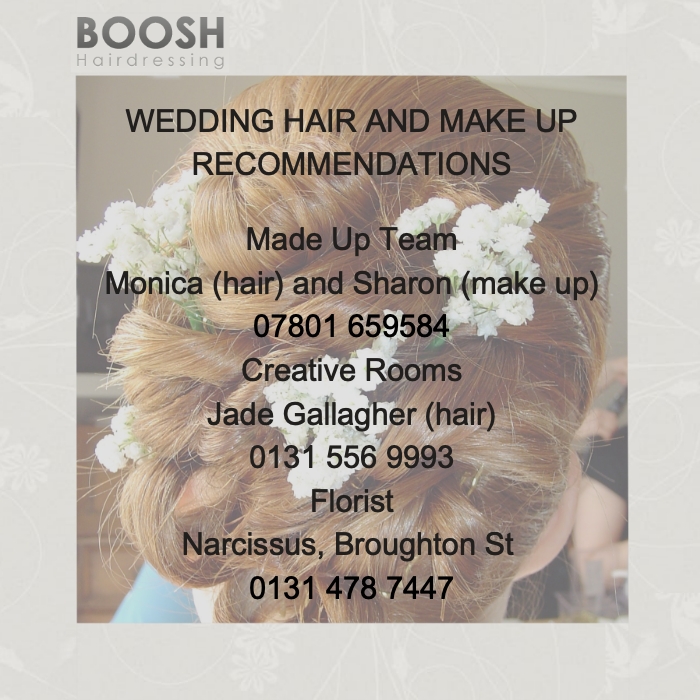 Booshhair's tweet photo. For all my lovely clients who might be getting married this year, I recommend The Made Up Team, Jade at Creative Room and for flowers, Narcissus Broughton Street #MaryRecommends https://t.co/bVFuDcTS0K