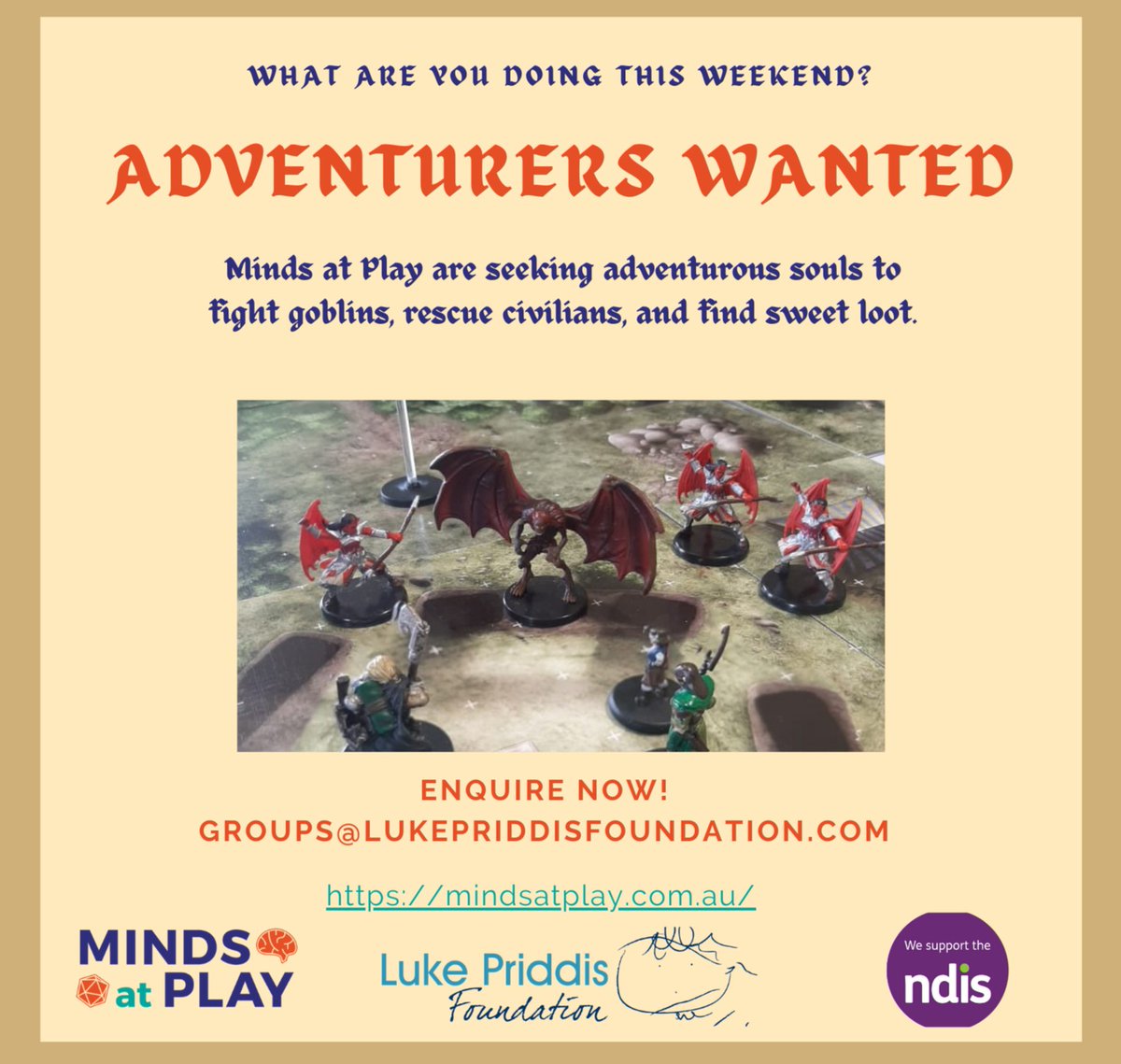 Looking for something to do this weekend?

Join us for a FREE intro session on Saturday, March 27th online from 10am.

"The Road to Pharon" is an interactive 2 hour D&amp;D session.

Enquire now!

groups@lukepriddisfoundation.com

#DnD #Autism #NDIS