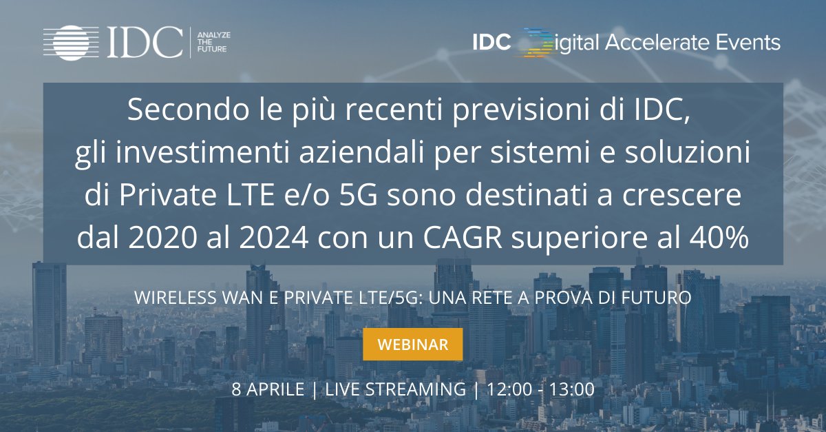 IDCItaly's tweet photo. Le #WAN diventano #wireless per connettere
più persone, ambienti, veicoli e oggetti sul territorio
e gestire le applicazioni mission critical.

IDC, @NovaNextItalia e @cradlepoint ti aspettano per parlare di #FutureWAN, #LTE e #5G.

Iscriviti al webinar ➡ https://t.co/G6iSWRem0I https://t.co/QuUnixF1Uq