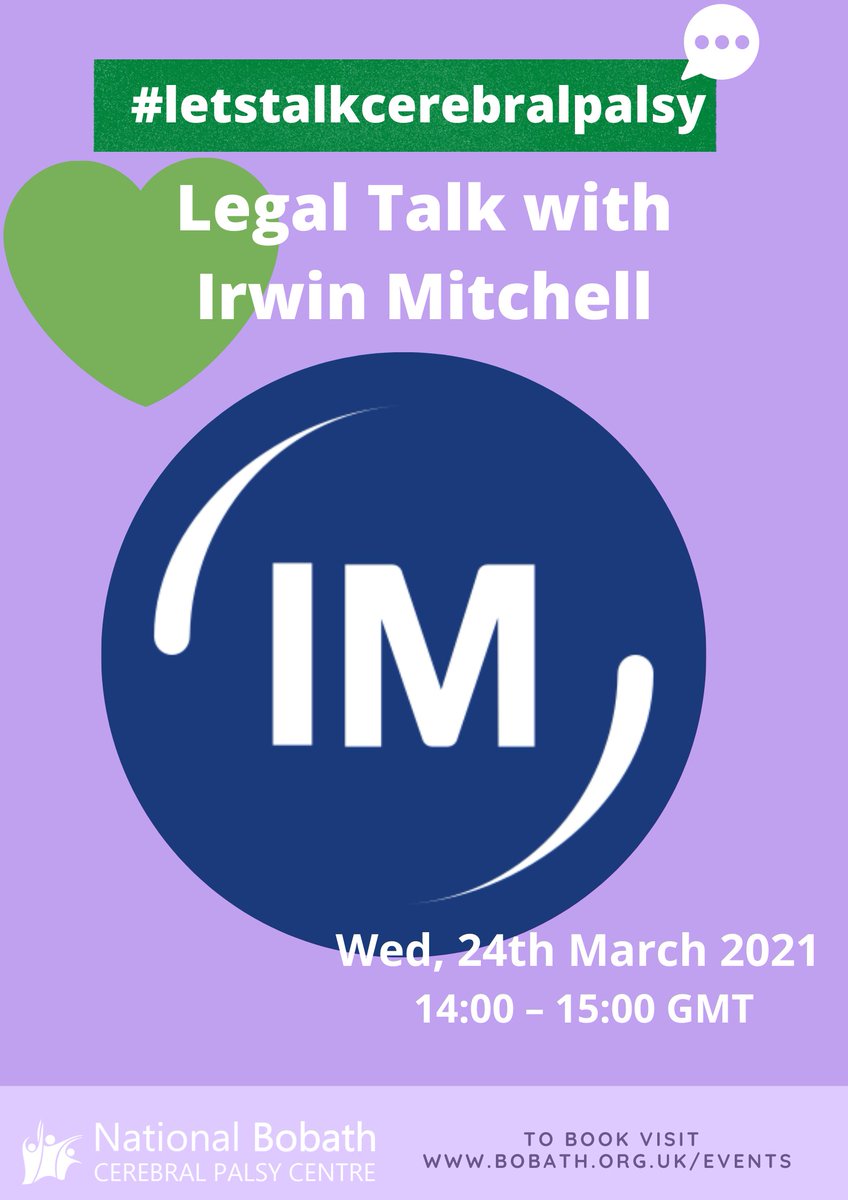 This afternoon join our last webinar this #CerebralPalsyAwarenessMonth! 
If you're looking for legal guidance or help navigating the education system join this fabulous free webinar led by <a href="/irwinmitchell/">Irwin Mitchell</a> 

eventbrite.co.uk/x/legal-talk-w…