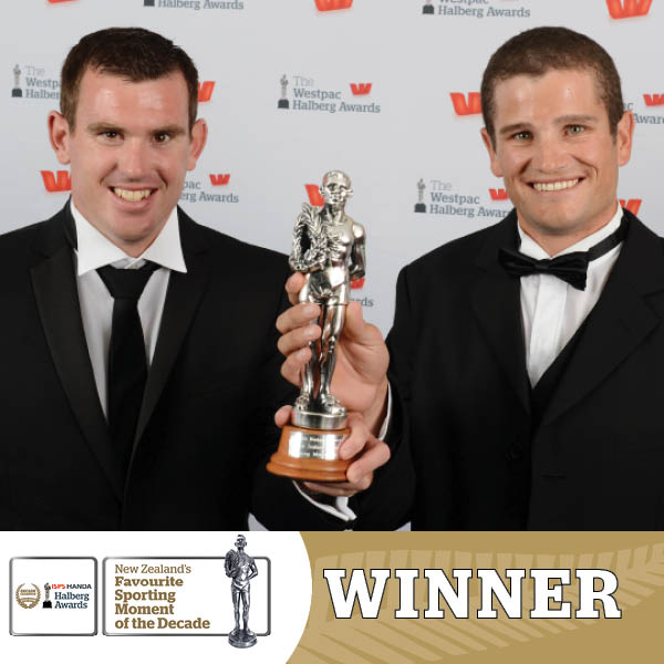 Halberg_FDN's tweet photo. WINNER of New Zealand's Favourite Sporting Moment of the Decade, Nathan Cohen and Joseph Sullivan. Congratulations Nathan and Joseph! 
#ISPSHandaHalbergAwards #DecadeChampion https://t.co/cPqJ8DNLNJ