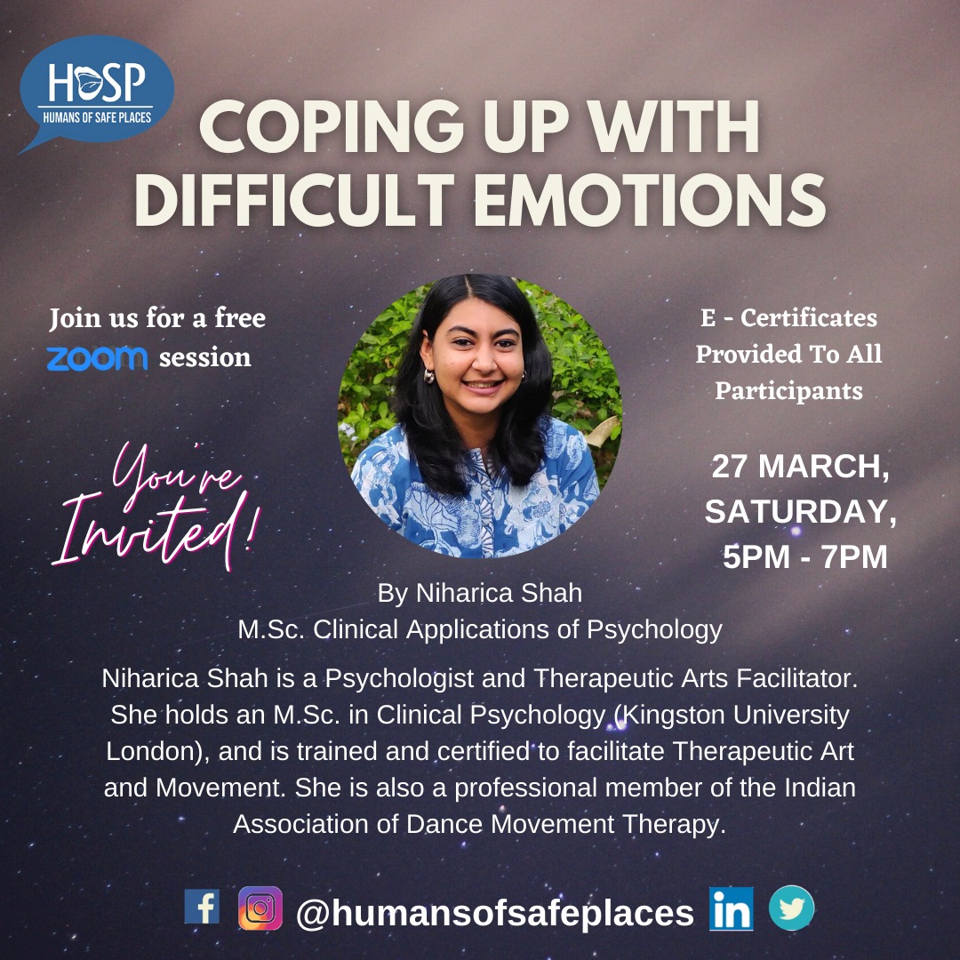 humansofsafepl's tweet photo. #HoSPWebinar
1/6

#HumansOfSafePlaces #HoSP #Webinar

Humans of Safe Places is delighted to host Niharica Shah, a #Psychologist and Therapeutic Arts Facilitator as our speaker for the webinar on the topic “Coping up with difficult emotions.”

#Coping #DifficultEmotions #Emotions https://t.co/Fd6nlvWaUR