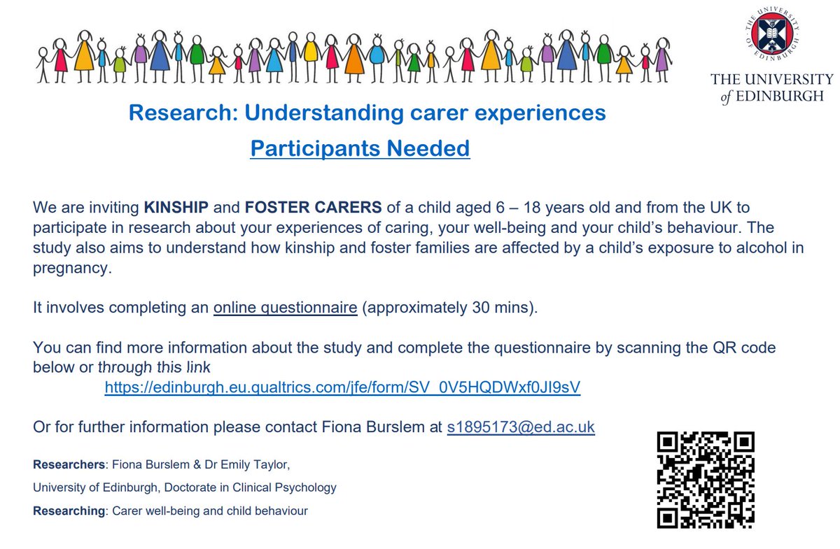 🌟Please RT!🌟 
We want to learn more about *foster* and *kinship* carers' experiences and well-being. 

If you are a foster or kinship carer and feel you can give 30mins of your time to complete our survey please visit 👉edinburgh.eu.qualtrics.com/jfe/form/SV_0V…
