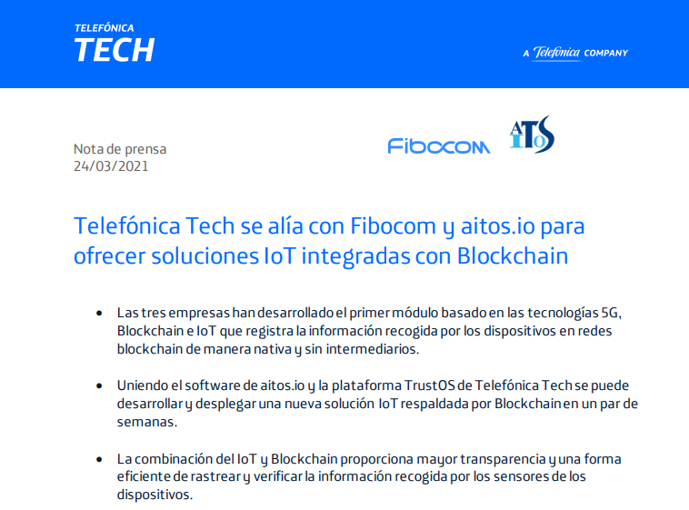 TefTech_EN's tweet image. ‼️ Apostamos por #5G ➕ #Blockchain ➕#IoT para conseguir mayor transparencia y eficiencia en el rastreo y verificación de información.

#TelefónicaTech se alía con Fibocom y aitos.io para ofrecer soluciones IoT integradas con Blockchain

🗞bit.ly/3rfHrsf