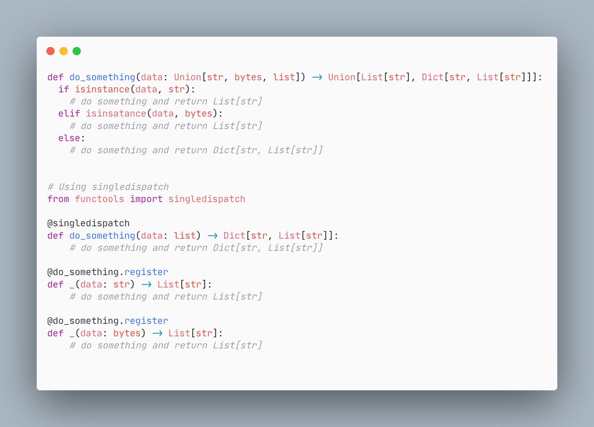 liiight's tweet image. singledispatch is one of those python gems that when are used correctly, fit like a glove #pythontip