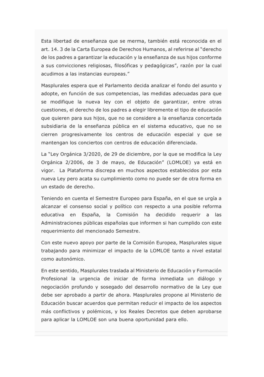 FeusocvA's tweet photo. El Parlamento Europeo admite la solicitud de amparo presentada por @MasPlurales como consecuencia de la tramitación de la #LOMLOE.
#FEUSO sigue apostando por un Pacto Social por la Educación.
#Maslibres #MásPlurales🧡 https://t.co/RpeTPpJ8k1
