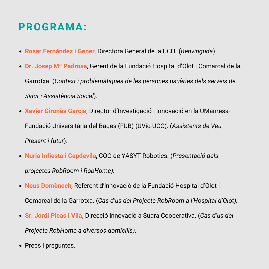 RoboticsYasyt's tweet photo. 📌Aquest divendres es durà a terme el següent Webinar amb l’objectiu de donar a conèixer els projectes #RobRoom i #RobHome.
Els ponenets parlaran sobre l’aplicació de dispositius de veu intel•ligents, enfocats a la millora de processos assistencials. https://t.co/Ak25Xclh2u