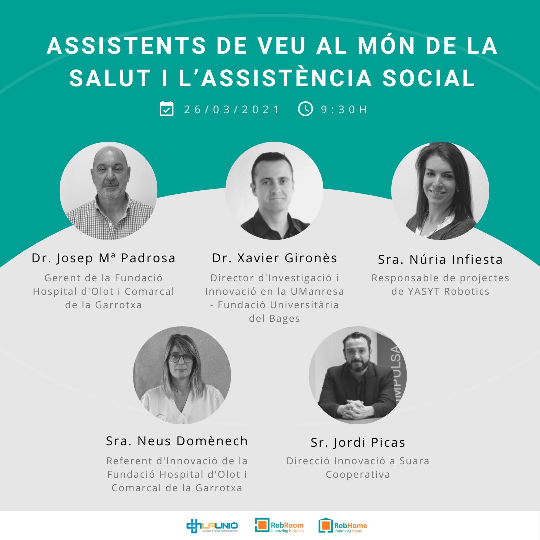 RoboticsYasyt's tweet photo. 📌Aquest divendres es durà a terme el següent Webinar amb l’objectiu de donar a conèixer els projectes #RobRoom i #RobHome.
Els ponenets parlaran sobre l’aplicació de dispositius de veu intel•ligents, enfocats a la millora de processos assistencials. https://t.co/Ak25Xclh2u