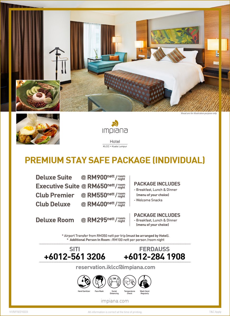 ImpianaKLCC's tweet photo. Our Premium Stay Safe Packages are perfect for Individuals and Families. Package includes breakfast, lunch, dinner.
To find out more about our Safety packages, call or WhatsApp us at 03-2147 1111 or 012-235 1213.
#impiana #staysafe #roompromotion #kualalumpur #hotelinKL #digital https://t.co/X9yitdkGq3
