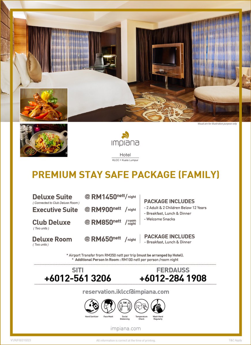 ImpianaKLCC's tweet photo. Our Premium Stay Safe Packages are perfect for Individuals and Families. Package includes breakfast, lunch, dinner.
To find out more about our Safety packages, call or WhatsApp us at 03-2147 1111 or 012-235 1213.
#impiana #staysafe #roompromotion #kualalumpur #hotelinKL #digital https://t.co/X9yitdkGq3