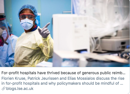 LSE Health Policy (@lsehealthpolicy) on Twitter photo In a fantastic new <a href="/LSEGlobalHealth/">LSE Global Health</a> blog, @FlorienKruse <a href="/PatrickJeuriss/">Patrick Jeurissen</a> & <a href="/MOSSIALOS/">Elias Mossialos</a> consider a recent rise of for-profit hospitals and what this means for the composition of the hospital sector.
Read it here: ow.ly/2uqC50E0ask In a fantastic new <a href="/LSEGlobalHealth/">LSE Global Health</a> blog, @FlorienKruse <a href="/PatrickJeuriss/">Patrick Jeurissen</a> & <a href="/MOSSIALOS/">Elias Mossialos</a> consider a recent rise of for-profit hospitals and what this means for the composition of the hospital sector.
Read it here: ow.ly/2uqC50E0ask