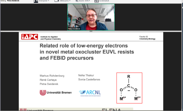 ELENAeu_org's tweet photo. It’s day 2 of our final #ELENAEU2021 online conference.  Prof Petra Swiderek from @UniBremen started our first session of the morning with her talk “Closely related role of low-energy electrons in novel metal oxocluster #EUVL resists and #FEBID precursors” #nanotechnology #MSCA https://t.co/lw84HdzWoq