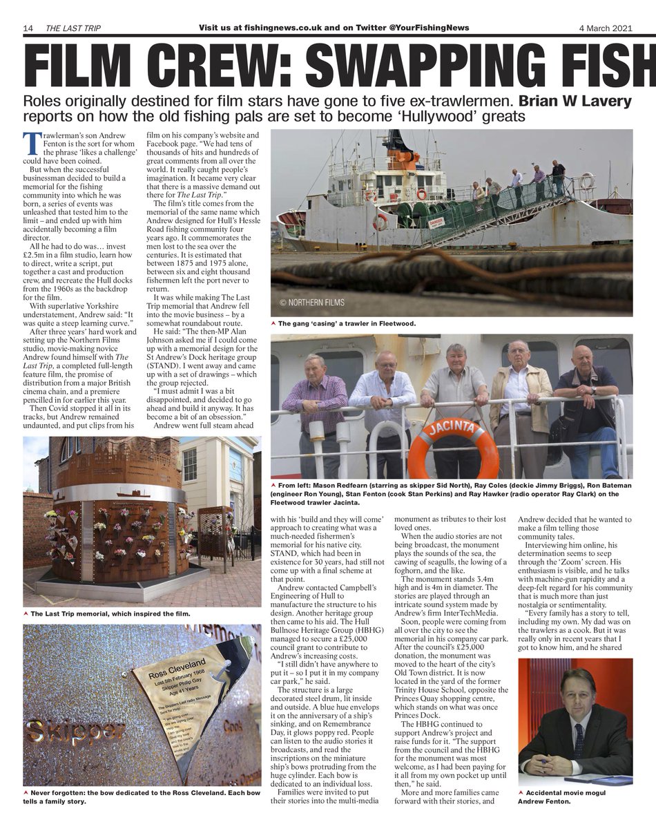 brianlavery59's tweet photo. My feature in @YourFishingNews on new Hull Brit-flick #TheLastTrip from #NorthernFilms - tells how trawlerman's son&businessman #AndrewFenton became an "accidental movie mogul" & 5 ex-fishermen landed roles first meant for UK stars! Cameos for @peter_levy @bbcburnsy @johnprescott https://t.co/BAcXTEunGk