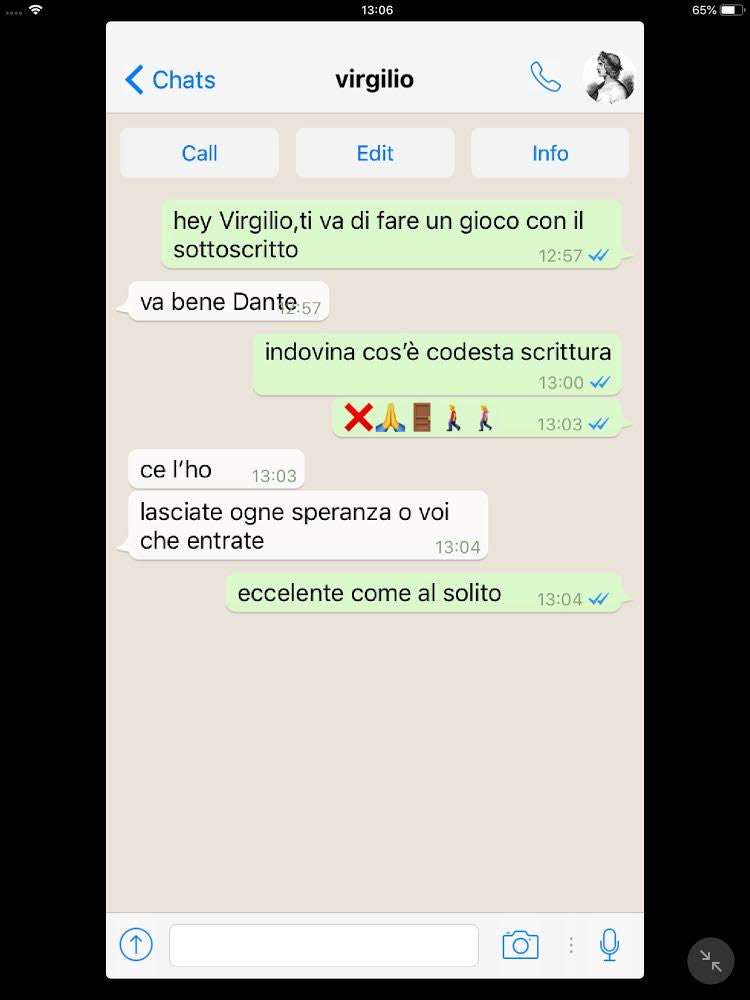 classe2m's tweet photo. Chat Dante/Virgilio + emoji di Edoardo S.
#DanteSocial ⁦@MuseLIGURIA⁩ https://t.co/RYpMmJPu6Z