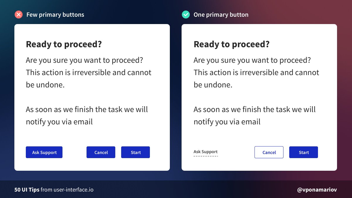 Tip #17 - Don't use many primary buttons Having few primary buttons distracts users. They have to spend some time focusing their attention on the most important action Use one primary button per page. One page. One form. One primary action.