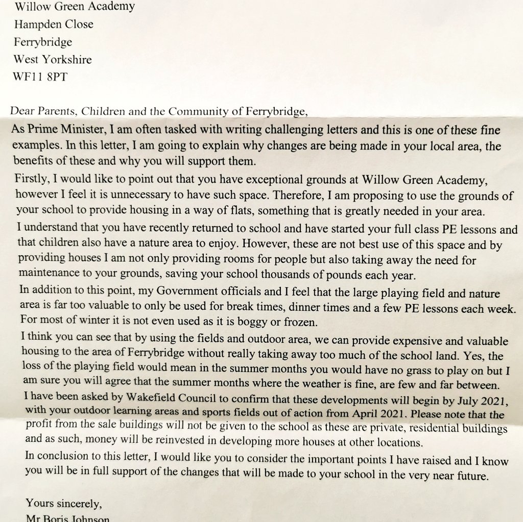 WillowGreenAcad's tweet photo. This morning, Year 6 received a letter from @10DowningStreet informing them that our school field is being sold to build a new housing development. We're shocked, appalled & saddened that our wonderful school grounds could be sold for use in this way #saveourfield #stopthebuild https://t.co/XkpzMzwetK