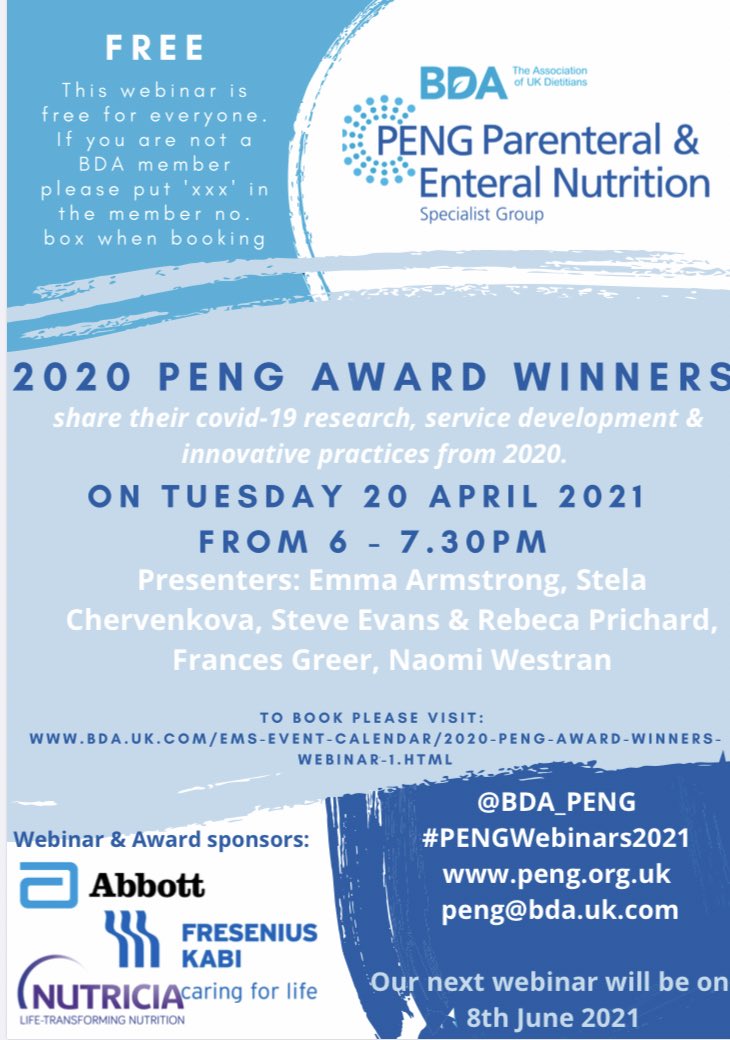 We’re very excited to see our own <a href="/NorthBristolNHS/">North Bristol NHS Trust</a> specialist neuro &amp; ICU dietitian Frances Greer presenting her award winning research at the <a href="/BDA_PENG/">BDA Parenteral and Enteral Nutrition Group</a>  webinar 👏

The project focussed on the effect of COVID-19 on nutritional intake post ICU
#whatdietitiansdo <a href="/BDA_Dietitians/">British Dietetic Association</a>