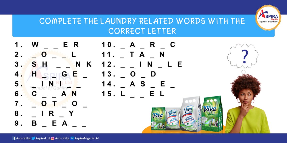 Its puzzle time!

Lets see who can complete the laundry related words with the right letters.

#Viva #vivapuzzle #wednesdayfun #wednesdaypuzzle #puzzle #wednesday #wordsearch #words #completethewords #fillintheblank #laundrypuzzle #laundryrelatedwords #laundry #LaundryDay