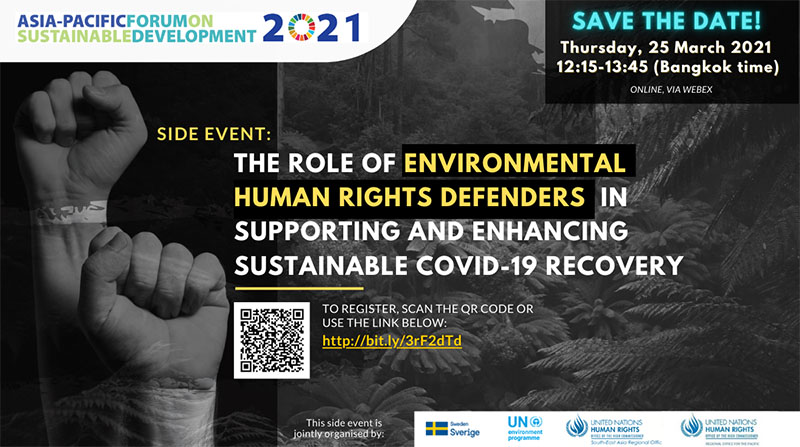 BHRCmedia's tweet photo. Event 📆 Environmental Human Rights Defenders can play a vital role in sustainable recovery from #COVID19. Join BHRRC's @A_Zbona, @MaryLawlorhrds, Emmanuel Peni, Sor. Rattanamanee Polkia &amp; Victoria Tauli-Corpuz at #APFSD8 tomorrow ⏰12:15 Bangkok 👉 https://t.co/PjGkffUMpg https://t.co/2aQrrSUhK6