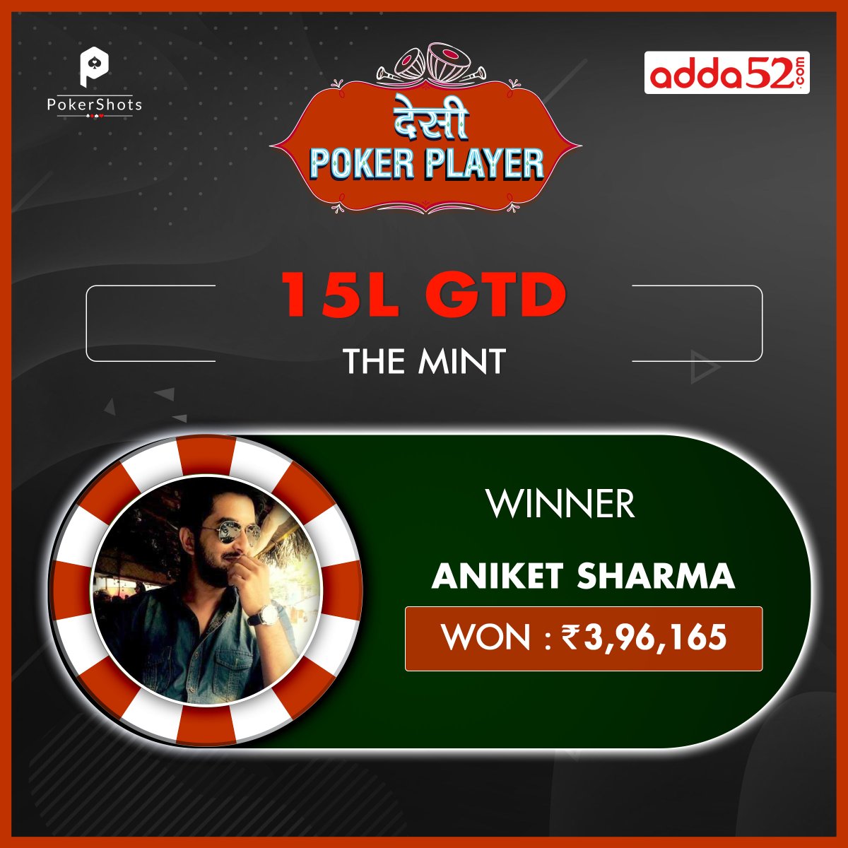 PokerShots's tweet photo. Aniket Sharma shipped the 15L GTD The Mint on @Adda_52 for a payout of INR 3,96,165! https://t.co/TImKzwpa3v